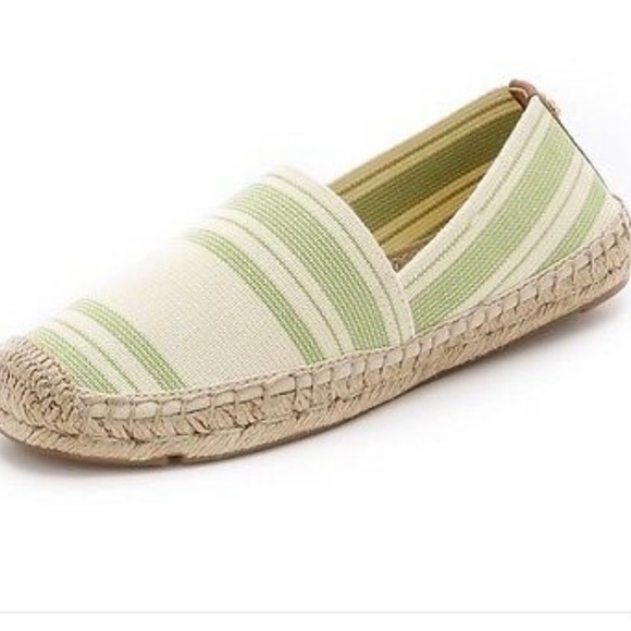 Tory Burch Cream Green Awning Striped Elastic Flat Espadrilles 8